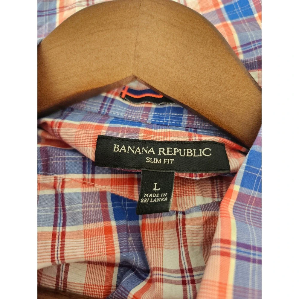 Western Banana Republic Plaid Shirt Mens Large Orange Blue Slim Fit Snap Front
